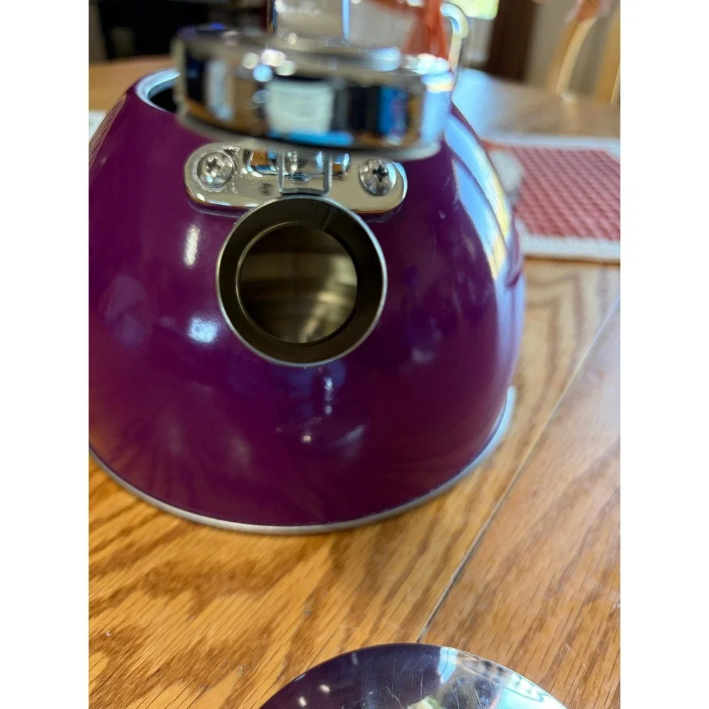 Pinky Up Whistling Tea Kettle Purple Enamel Stainless Steel Wood Grain Handle